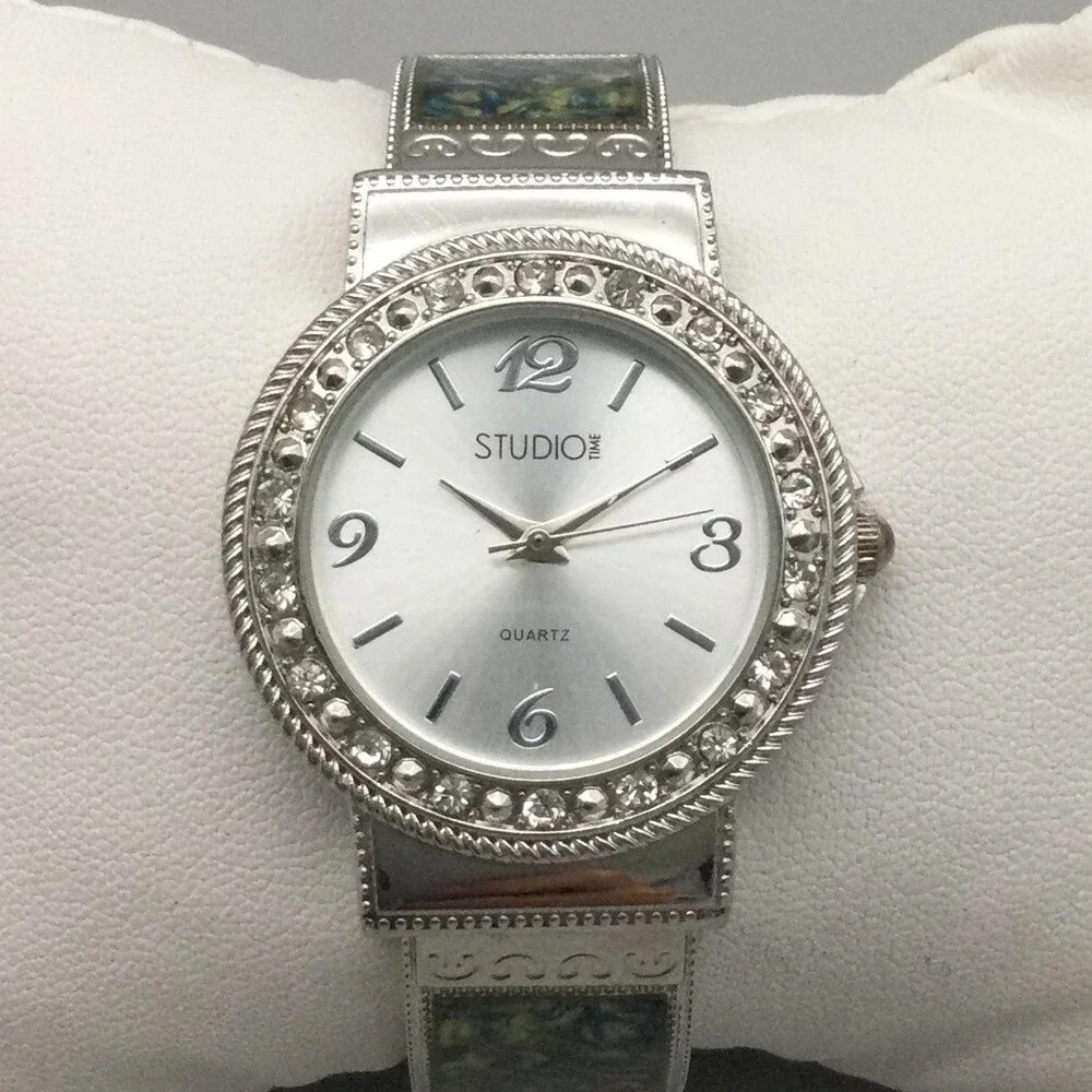 Studio Womens Watch 32mm Crystal Bezel Open Cuff Silver Tone Inlay New Battery